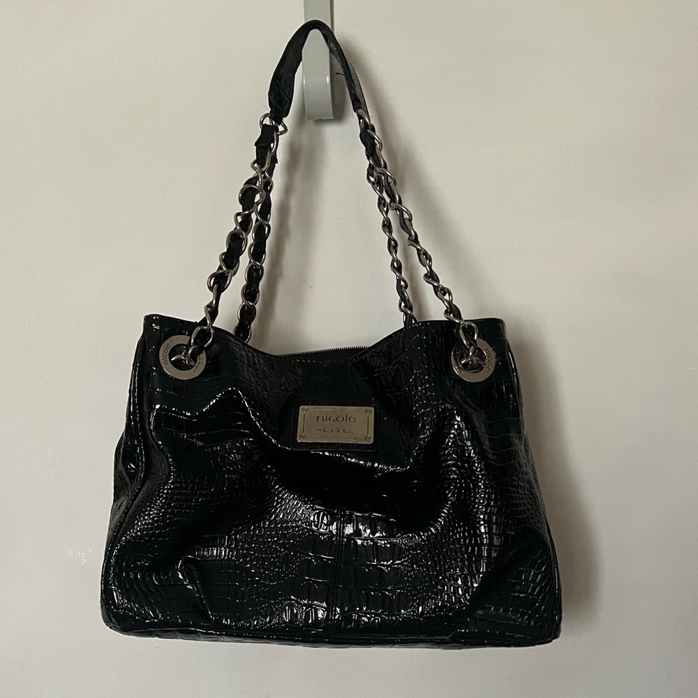 Nicole Miller Glossy Black Croc Shoulder Bag